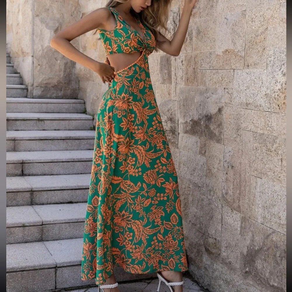 Boho Floral Print Cut Out Waist Back Tie Bow Dress - Picture 12 of 12